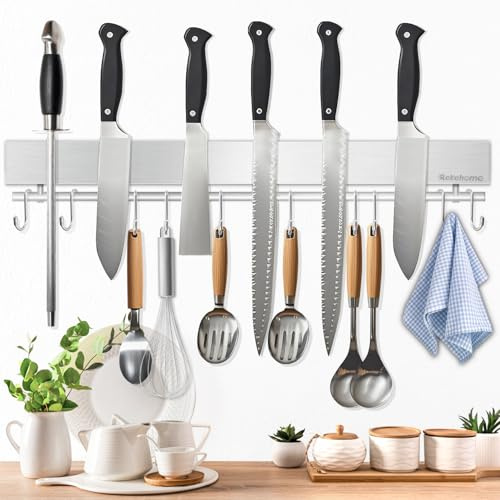 Rekehome Magnetic Knife Holder, 43cm Silver Magnetic Knife Strip with 10 Hooks, Magnet Knife Rack No Drilling with Extra Strong Magnet