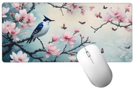 Mauspad XXL 1200 x 400 x 3mm, Mausepad Blume Schreibtischunterlage Großes Vogel Mauspad mit Vernähten Kanten, Wasserdicht und Rutschfest, Abwaschbar Gaming Mausepad für Gaming,Büro,Zuhause H-449