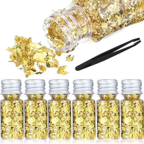 6Pcs Decorative Gold Leaf, Multifunction Gold Leaf Cake Decoration Baking Foil Decor for Cooking Dessert Steak Decoration Crafts Makeup Leaves with Plastic Tweezers