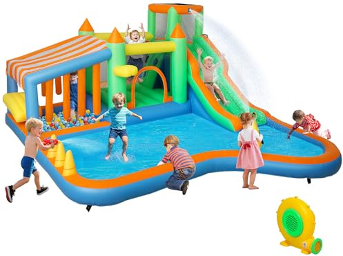 AIYAPLAY Bouncy Castle, Inflatable Bounce House Trampoline with 550W Blower, Water Slide, Splash Pool, Basketball Hoop, Ball Pits, Climbing Wall, Water Gun, Ring Toss, for Kids Outdoor Indoor