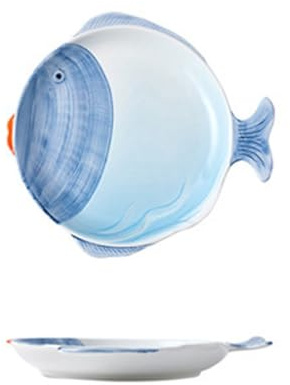 Ceramic Cute Fish-Shaped Plate Multi-Color Household Fruit and Vegetable Shallow Dinner Snack Breakfast Dessert Bowl Bird's Nest Salad Ice Cream Soup Pasta (Blue,Plate)