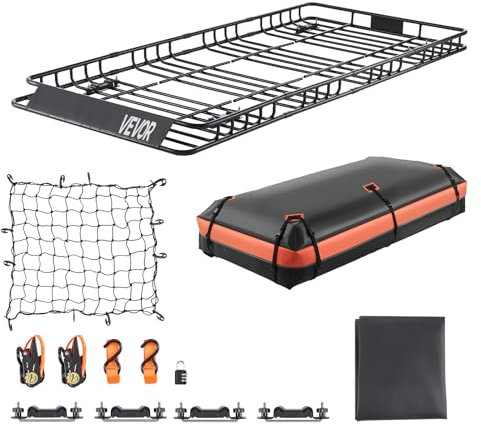VEVOR Porte-Bagage pour Voiture 2120 x 990 x 105 mm, Panier de Toit Universel en Acier allié avec Sac de Chargement de 200 x 100 x 260 mm, Filet et Sangles à cliquet, Charge 113,4 kg, pour SUV Camion