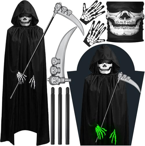 VIPNAJI Negro Largo Capa con Capucha para Halloween Carnaval, Guantes de Esqueleto y Máscara de Calavera Disfraz Plástico Falsa Guadaña Hoz para Adultos Halloween Fiesta Carnival Costume Cosplay