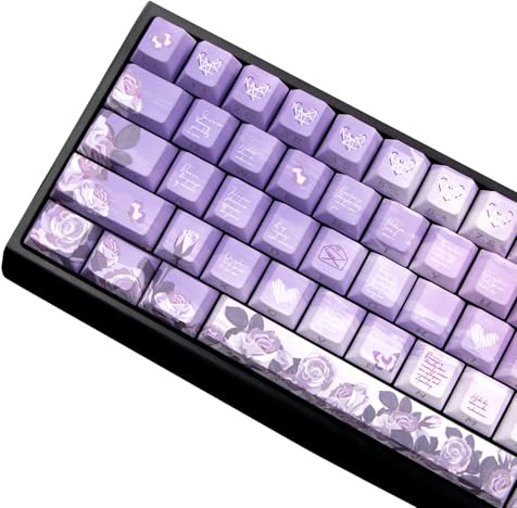 JSJT Lila Rosen Thema Seitlich Bedruckte Tastenkappen, 74 Tasten PBT durchscheinende Tastenkappen Geeignet für Cherry MX Switches 60/61/65/67/68 Layout Mechanische Tastaturen (nur Tastenkappe)