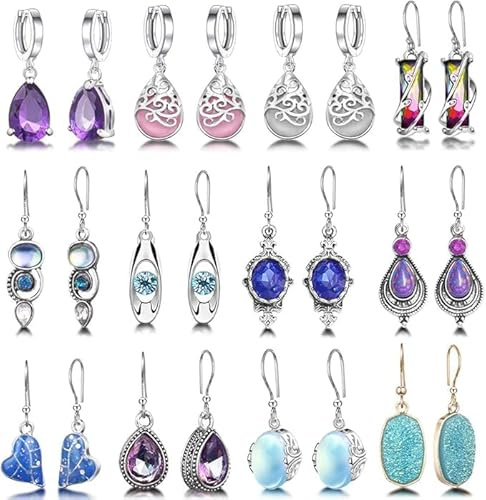 MOLIMOLI 12 Paar Tropfen Ohrringe Set für Damen – Ohrringe Hängend, Mondstein & Herz Baumeln Ohrring Schmuck, Vintage Ohrring Set, Modisch & Elegant, Geschenk für Mädchen & Frauen