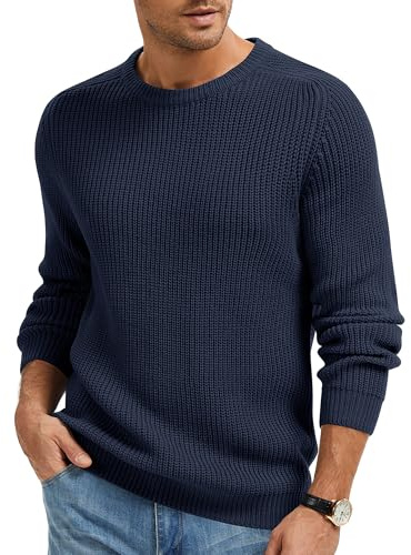 Imuedaen Herren Rundhals Pullover Einfarbig Basic Strickpullover mit Rundhalsausschnitt Grobstrick Pulli Langarm Winterpullover Warm Sweater (Marine, L)
