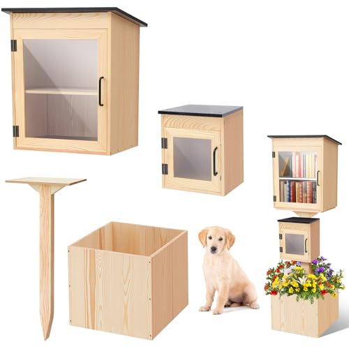 Wonderjune Little Library Box Outdoor Weatherproof Solid Wood Double Book Exchange Box with Pillar-Mounted Mini Library, Floor Plugs & Flower Fence for Community Neighborhood School(Natural Wood)