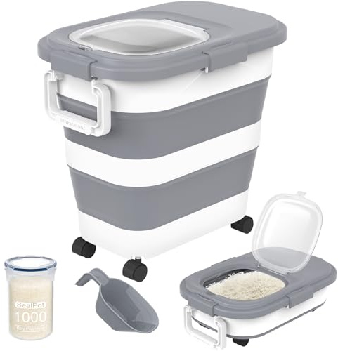 HOYTAMDA 25-35Lbs Rice Container,Collapsible Airtight Food Storage Containers with Wheels,Handle,Rice Storage Container with Small Bin and Scoop,Rice Dispenser for Flour Sugar Cereal Grain Dog Cat