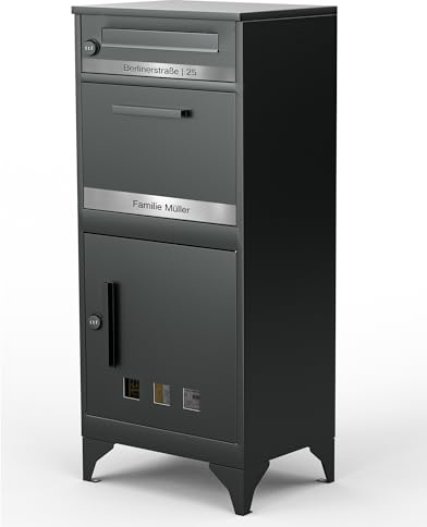 Arverta Briefkasten und Paketbox, Paketbox Draussen Groß XXL, Standbriefkasten Modern, Paketbriefkasten, Postbox Anthrazitgrau Mit Namensgravur, Briefkästen Postkasten Edelstahl