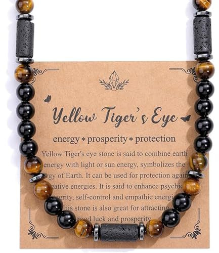 Zovator Mens Necklace, Men's Jewellery Obsidian Tiger Eye Hematite Black Lava Beaded Necklace for Men Crystal Necklaces for Men for Stress Relief Gifts, 8mm