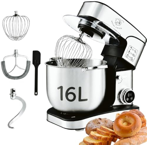 Royal Swiss® Impastatrice Planetaria Professionale 2800W 16L XXXXL – Robot da Cucina con 12 Velocità, Timer LED Touch, Ciotola Inox, Tritacarne, Gancio, Frusta – Mixer per Pane, Pizza, Dolci (16L)