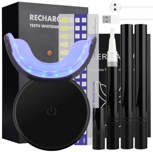 LED Teeth Whitening Kit with 3 Whitening Gels, USB Rechargeable Teeth Whitening Kit for Home Use, Safe for All Teeth Types, Easy to Use for Smokers/Coffee Lovers