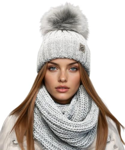 Solvera_Ltd Mütze und Schal Set Damen Wintermütze Strickmütze & Loop, Winter Beanie mit Bommel 2-in-1, Warm Kuschelig Wintermützen (Grau)