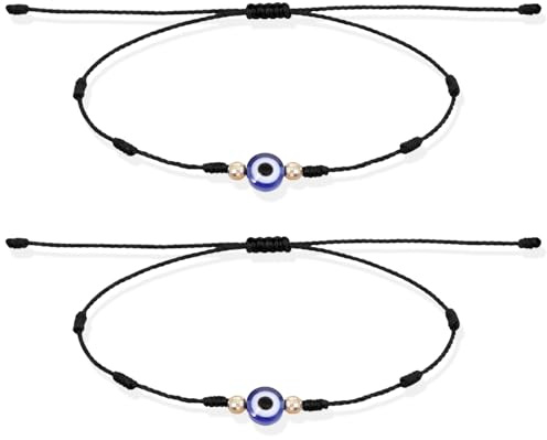 Yolev 2 Pc Evil Eye Bracelet 7 Knot of Protection Bracelet Evil Eye Jewelry | for Women Men, Adjustable, Black String Bracelet, with Gold Beads, Handmade Braided, Family Friends, Gifts