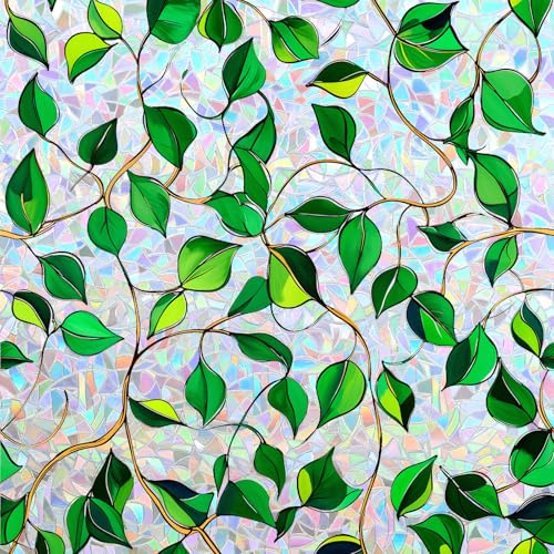 Conkov Rainbow Window Film 3D Translucent with Green Leaves 44.5 x 400 cm | Opaque Stained Glass Privacy Anti Glare Non-Adhesive Static Cling Decorative for Home Shop and Office, Crescent Backing
