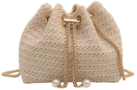 XFSRG Sac a Main Femme Pochette en Paille Tissée Plage d'Été Embrayage Soirée Sacs à Bandoulière avec Chaîne Métal pour Fête Mariage Vacances Boule (Beige)