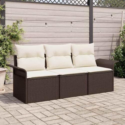 Ziaphsol Poly-Rattan Sofa Set mit Kissen, 3-teilig, Braun/Creme, Modulares Gartenmöbel-Set, Wetterfest, UV-beständig, für Balkon, Terrasse, Outdoor-Wohnzimmer, 196x62x85 cm