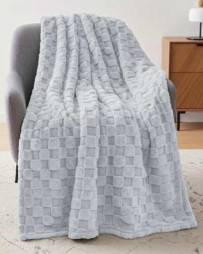 Utopia Bedding Plush Checkered Fleece Blanket Cool Grey Throw, 50x60 Inch