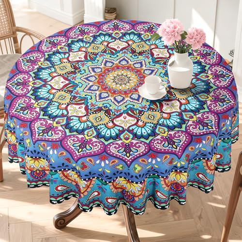 hometrixx Tischdecke Rund 180 Boho Retro Mandala Geometrische Marokkanisch | Tischdecken Abwaschbar, Fleckabweisend, Pflegeleicht, Polyester Tischtuch, für Party Picknick Abendessen Küche Dekor