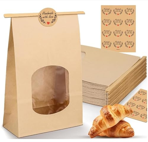 Fizdoqg 25 Stück Kraftpapier mit Fenster und Verschlussclips 24.5x15.5x7CM | mit Aufkleber, Plätzchentüten Blockbodenbeutel Kraftpapiertüten Kleine Kekstüten für Süßigkeiten, Keks, Partys