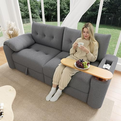 BTM Teddyplüsch 3-Sitzer Sofa Kleines Chaiselongu mit Stauraum, Kopfstütze, Beistelltisch Schlafcouch für Wohnzimmer Grau