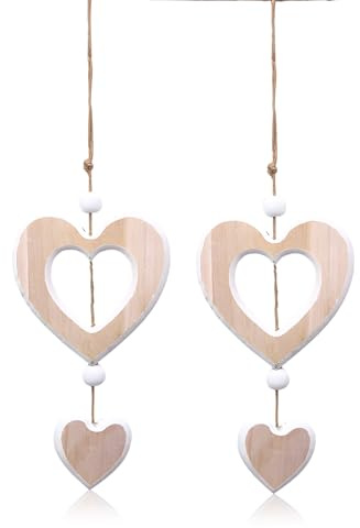 2 Stück Herz Deko Holz Anhänger, Herz Hängedeko aus Holz, Fensterdeko Hängend, Fensterhänger, Fensterschmuck, Dekoanhänger für Fenster Wohnzimmer Garten Wand Hochzeit
