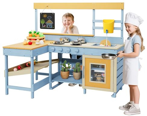 Kids 2-in-1 Play Mud Kitchen with Blackboard/Dining Area, Wooden Outdoor Mud Table Kitchen Pretend Play Set with Bench/2 Countertop/Sink/Cabinet/Storage Shelf/Stove/Faucet, for Kids Over 3+