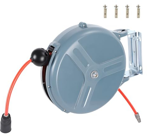 Ehozirta 50FT Air Hose Reel Retractable, 3/8 Inch PU Yarn Tube Air Drum, Automatic Rewind With Locking System, All-Steel Heavy Duty AirCompressor Hose Reel For Garage Workshop, 300 PSI Grey