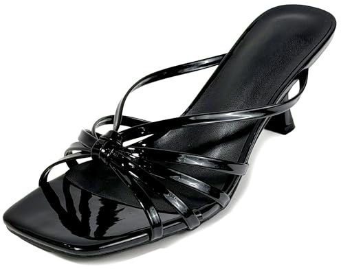 MISSCAI Sandales à Talon Femme Élégantes Été Mules à Brides Fines Effet Verni Sandales Bout Carré Talon 7,5 cm Chaussures Chic pour Mariage Soirée Cérémonie Noir 40