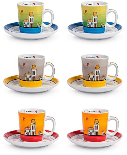 Egan Set 6 Tazze caffè con piattini Collezione Le Casette. Oggetto Realizzato in Porcellana Multicolore. Dimensione: 6 cm. La referenza è PLC06/1Z