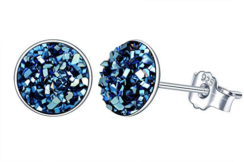 Yumilok Damen Ohrstecker 925 Sterling Silber rund Kristall 8mm blau schwarz Weiß Schmuck Set Gestüt Piercing Ohrringe Ohrschmuck für Mädchen