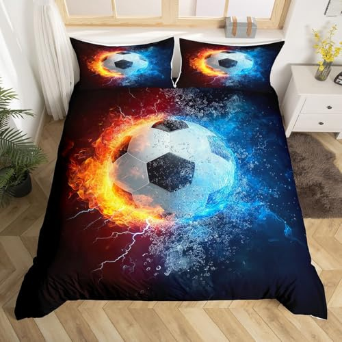 Feelyou Football Comforter Cover,Soccer Sports Abstract Ice and Fire Art Design,Teens Boys Youth Cool Navy Blue Decorative 3 Pieces Bedding Set Full Size (1 Duvet Cover Set & 2 Pillow Shams),Zipper