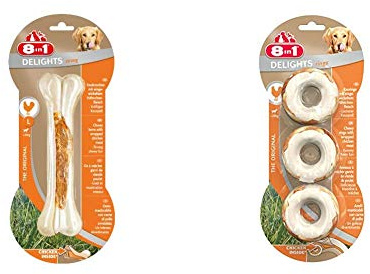 8in1 Delights Chicken Kauknochen Strong L, 1 Stück (130 g) & Delights Chicken, gesunder Kauksnack für Hunde, hochwertiges Hähnchenfleisch eingewickelt in Rinderhaut, versch. Varianten