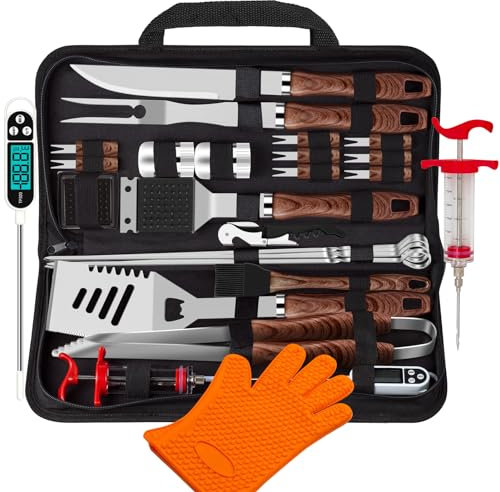 ROMANTICIST 26pcs Grilling Accessories Gifts for Men Dad, Stainless Steel Heavy Duty BBQ Tools Set with Glove, Grill Utensils Kit in Portable Canvas Bag for Outdoor Camping Father's Day Brown