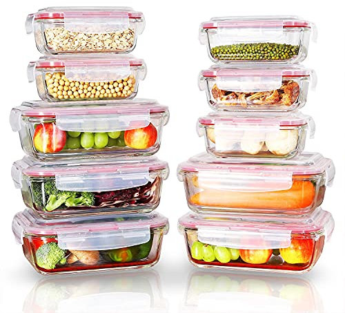 Vinsani Glass Food Storage 10-Pack Containers Rectangle Food Meal Prep Lunch Boxes with Lids Airtight Heat Resistant Leakproof Lid BPA-Free Dishwasher Microwave Oven Freezer Safe