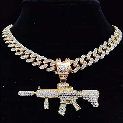 zxcs Männer Frauen Hip Hop Submachine Pistole Anhänger Halskette mit 13mm Miami Kubanische Kette Hiphop Halsketten Modeschmuck-Gold,20inch