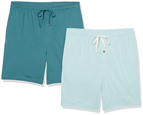 Amazon Essentials bomullspyjamasshorts för män, paket med 2, mörk turkos grön/isblå, Large
