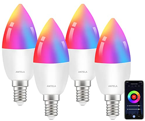 ANTELA Alexa Glühbirne E14 4,5W LED Smart WLAN RGBCW, 4 Stück | Smart Life APP Steuerung, Sprachsteuerung, Kompatibel mit Google Home