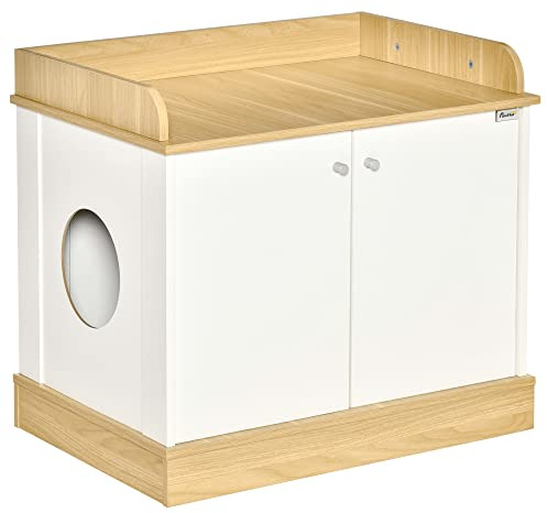 PawHut Casa para Gatos de Madera Mueble Arenero para Gatos 2 en 1 con Estante de Almacenaje Doble Puerta y Orificio de Entrada Lateral 75x53x67 cm Blanco y Roble