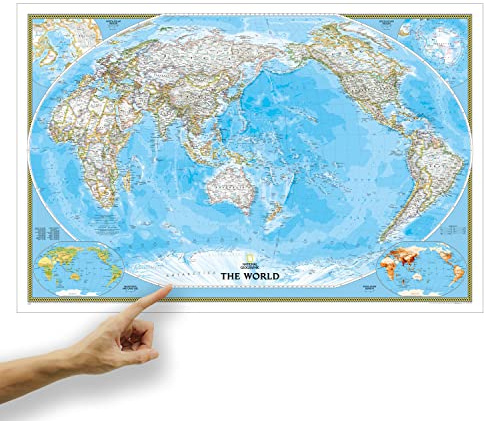 ORBIT Globes & Maps - Weltkarte Asien-zentriert mit Kartenbild von National Geographic - Landkarte classic beidseitig laminiert, Aktuell 2021, 116x75 cm, englisch