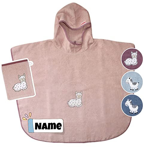 Kinder Poncho + Waschlappen mit Name Bestickt mit Name | Badeponcho | personalisiert | Kapuzenbadetuch Bademantel Kinder | Kapuzenhandtuch | Badetuch mit Kapuze | bis 7 Jahre (rosa Lama)