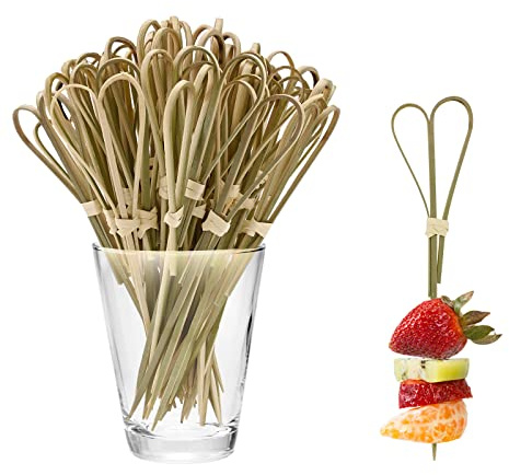 Bekecidi Lot de 100 pics à cocktail en bambou naturel avec nœud en bambou naturel pour boissons, canapés, apéritifs, fournitures de fête, 12 cm (vert)