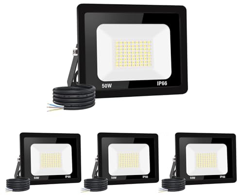 Jefedana 50W LED Außenstrahler, 5000LM 3000K IP66, 4 Stück | 5000LM hell, 3000K Warmweiß, IP66 wasserdicht, Alu-Gehäuse, 50000h, 80% sparend, für Garten/Garage/Hotel/Sportplatz