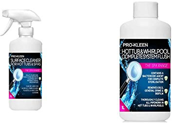 Pro-Kleen Antibacterial Hot Tub & Spa Surface Cleaner Spray - Removes Harmful Bacteria, Oil & Grease (1 Litre) & 1L of Hot Tub & Whirlpool Complete System Flush Cleaner