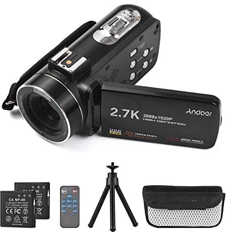 Andoer Caméscope vidéo 2,7 K, caméra de vlogging 48 MP, zoom numérique 16X, écran tactile 3,0 pouces, caméra YouTube avec 2 piles, télécommande, mini trépied, sac de transport