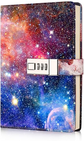 sayrrame Tagebuch mit Schloss für Frauen und Mädchen, Schulbedarf, Galaxy-Tagebuch mit Schloss zum Schreiben, A5, geheimes Leder, nachfüllbares Notizbuch mit Schloss, 192 Seiten, 21,8 x 14,7 cm