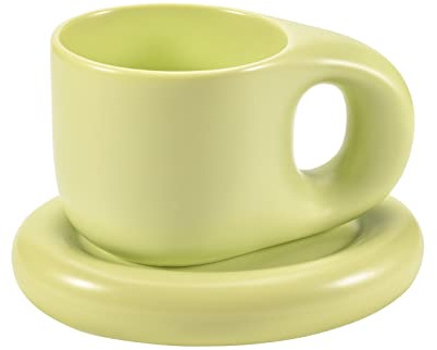 Koythin Ceramic Coffee Chubby Mug Saucer Set, Creative Cute Fat Handle Cup with Saucer for Office and Home, Dishwasher and Microwave Safe, 10 oz for Latte Tea Milk (Green)
