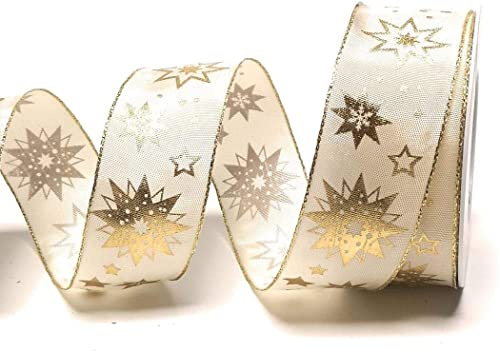 s.dekoda Schleifenband 20m x 40mm Creme - Gold Sterne Dekoband Geschenkband Weihnachten [5124]