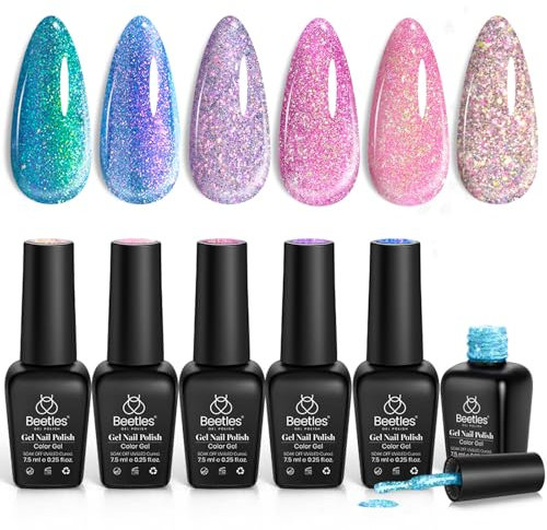beetles Gel Polish Glitter Gel Nail Polish 6 Colors Sparkle Pink Purple Blue Gel Polish Kit Chameleon Crushed Diamond Multifunction Soak off Uv Nail Gel DIY Manicure