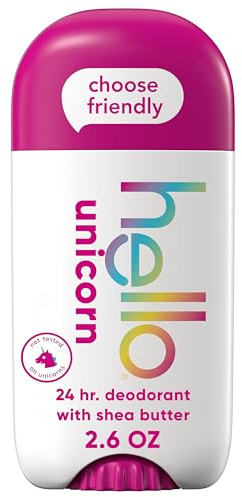 hello Unicorn Aluminum Free Deodorant for Women and Men with Shea Butter, 24-Hour Freshness, Baking Soda Free Deodorant, Dermatologically Tested, 2.6 oz Stick